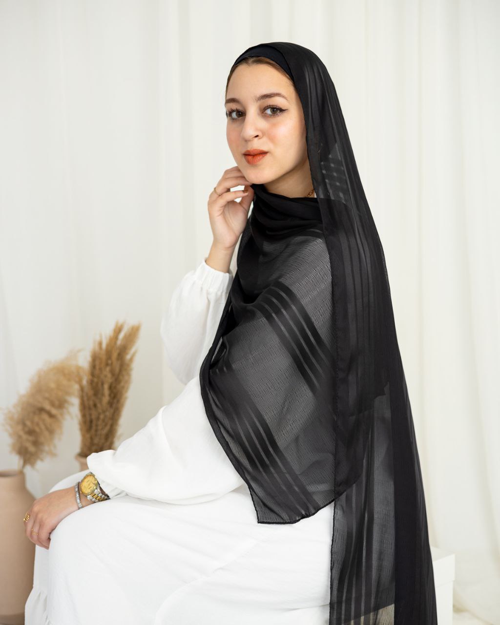 Rafil Crinkle Chiffon Scarf with Satin Stripes